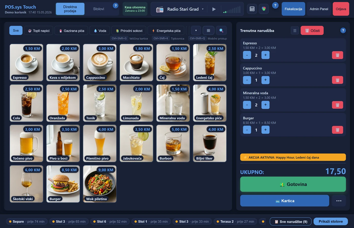POS.sys Touch — Prodaja u lokalu, tema Ponoć