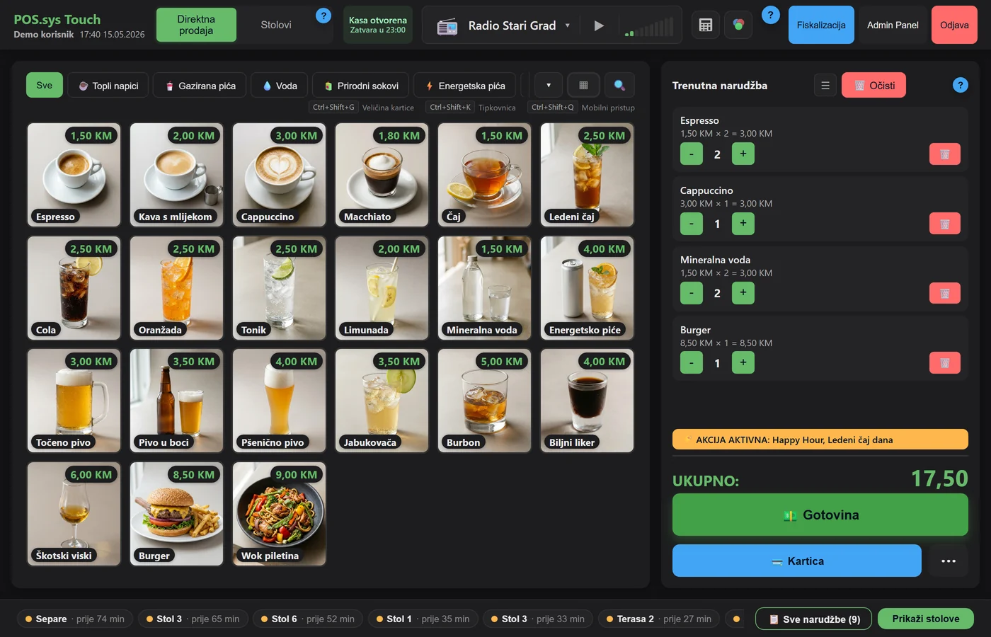 POS.sys Touch — Prodaja u lokalu, tema Tamna